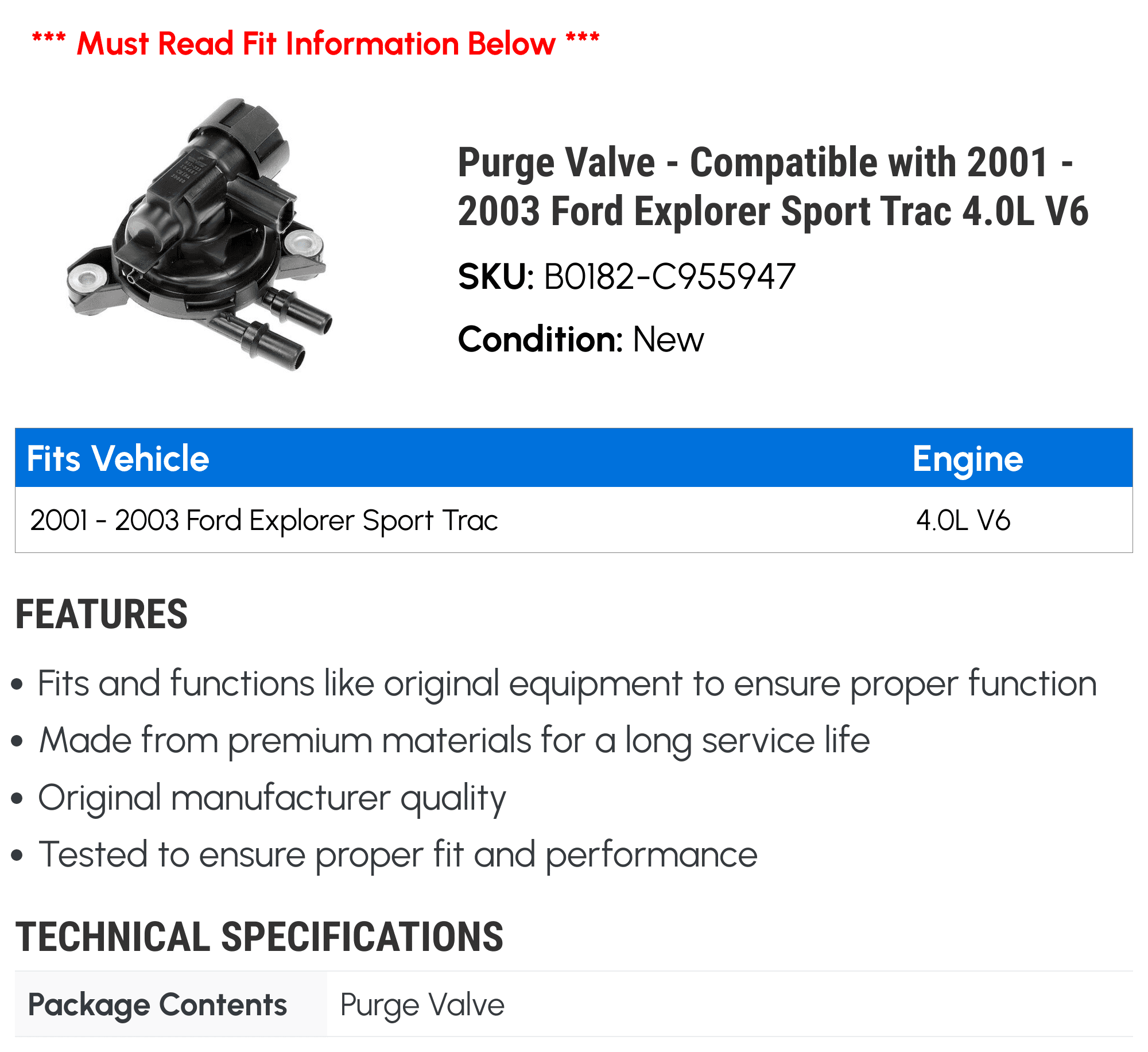 Purge Valve - Compatible with 2001 - 2003 Ford Explorer Sport Trac 4.0L V6 2002