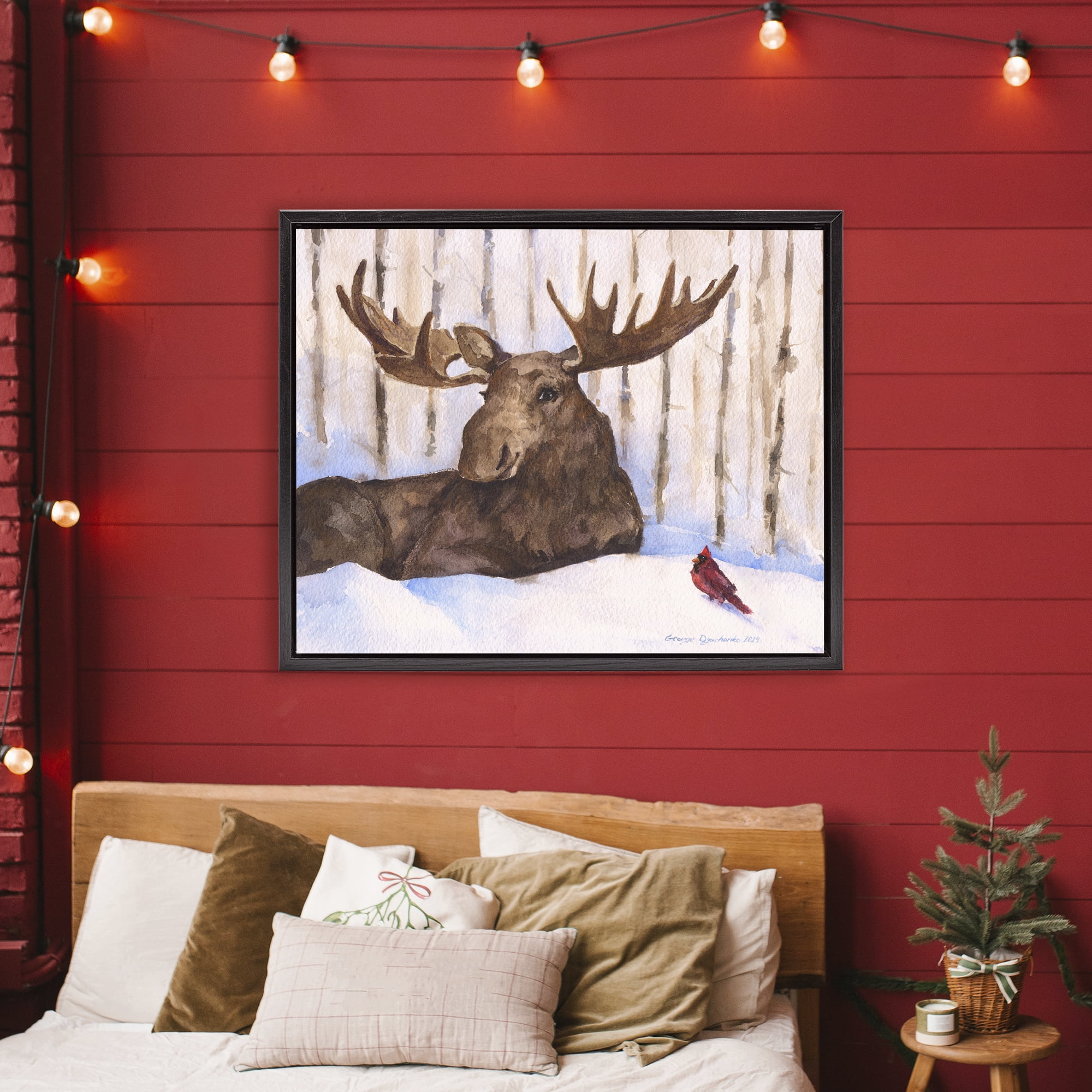 Stupell Industries Moose & Red Cardinal Black Framed Floater Canvas Wall Art, design by George Dyachenko