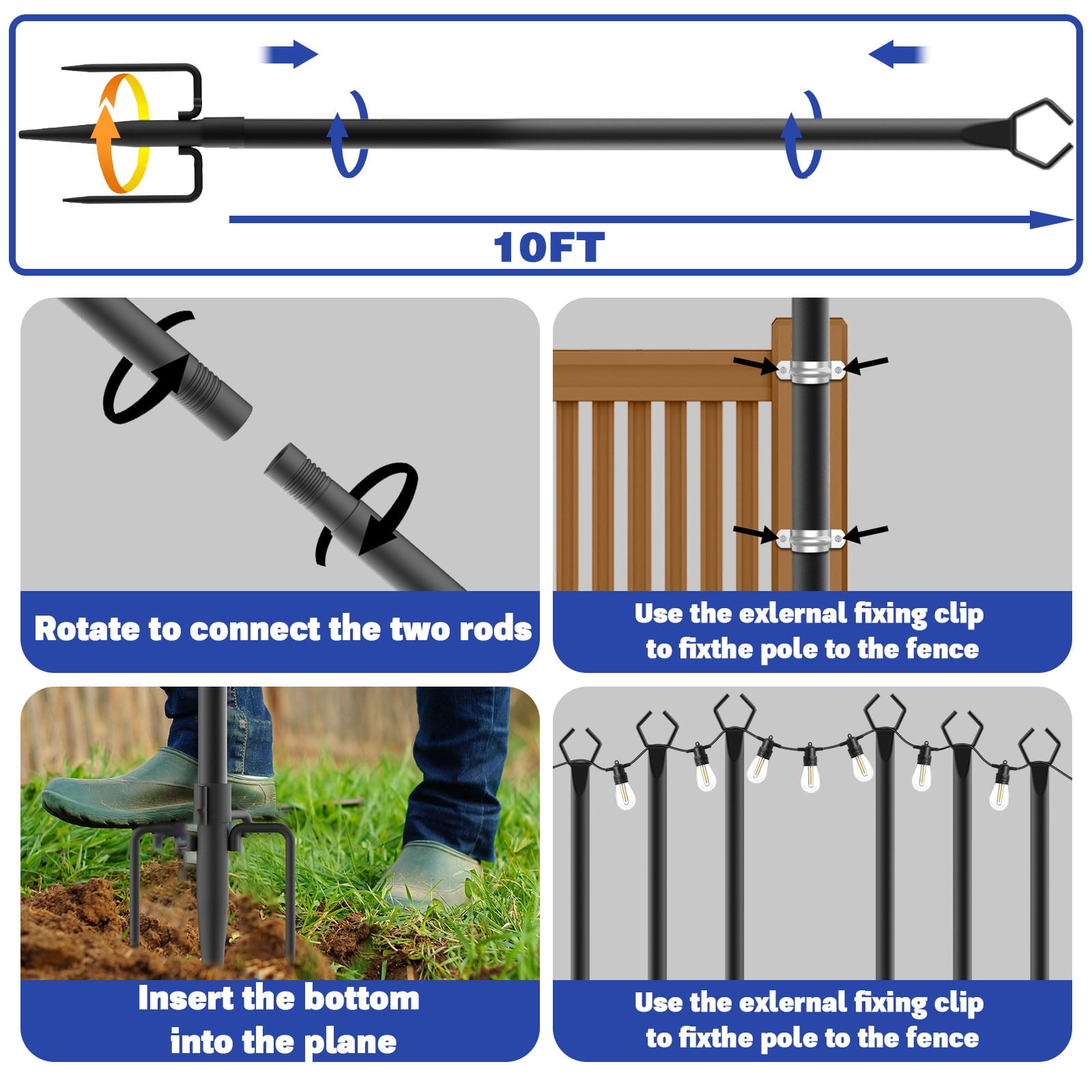 10Ft 6 Pack String Light Poles ,Light Poles for Outside Lights,Outdoor with Fence Brackets Hanging Lights,Metal Stand Deck Patio Backyard