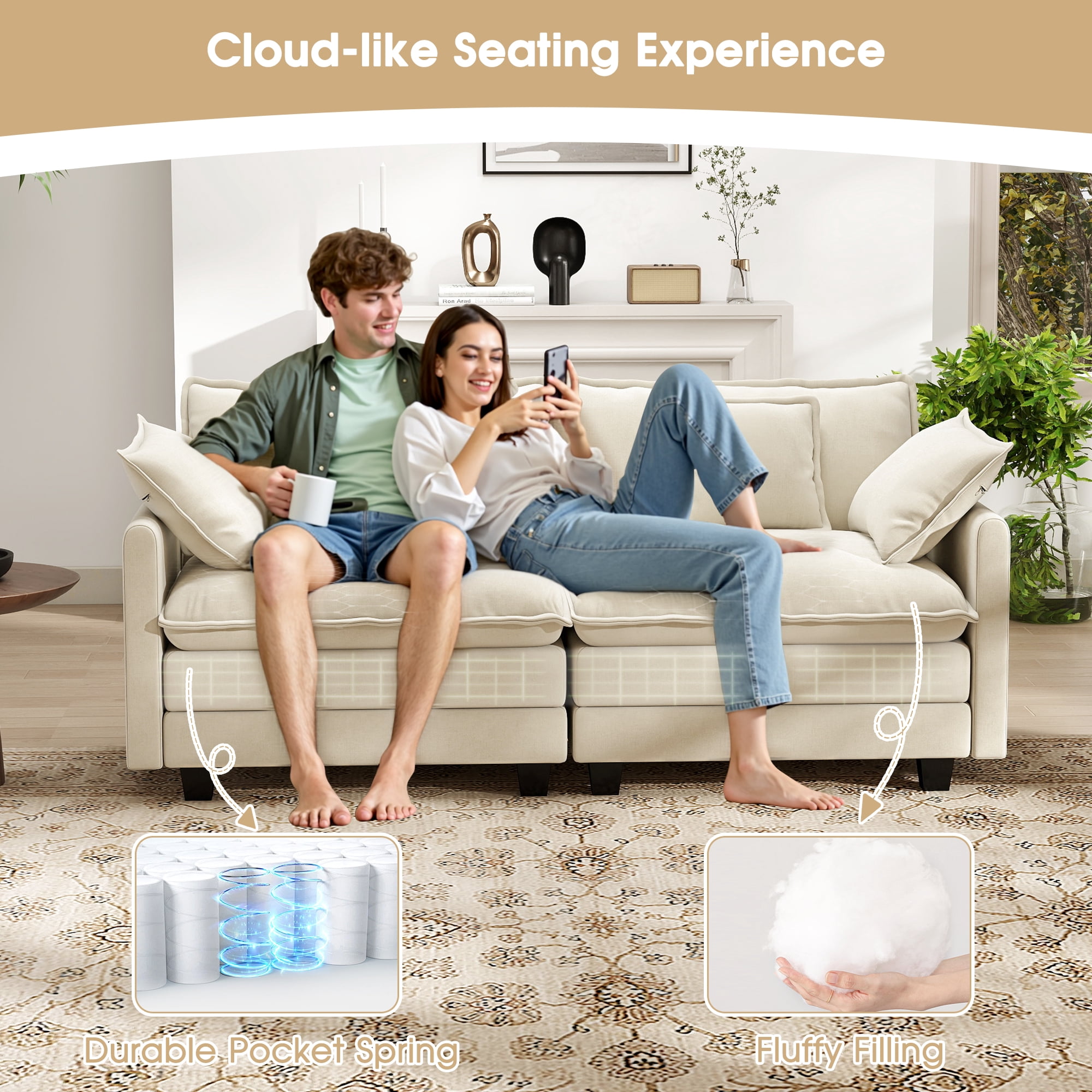 BedLuxury 76.7'' Loveseat Sofa, Modern Chenille Sectional Sofa Cloud Couch for Living Room, Apartment, Office, 2-Seat, Beige