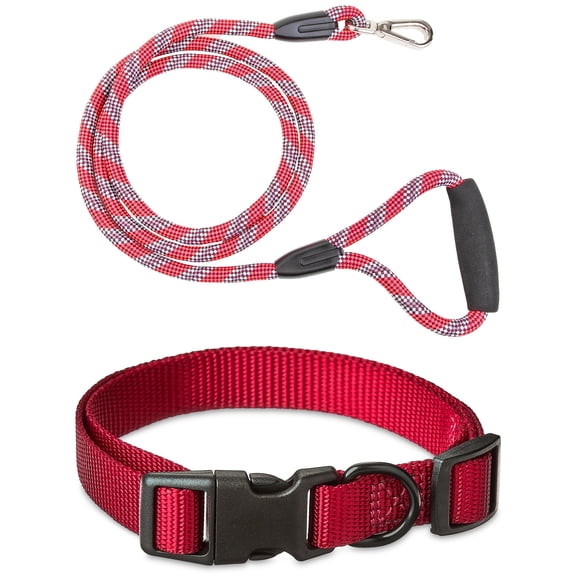 Vibrant Life Heavy Duty Reflective Rope Dog 6ft Leash with adjustable Polyester Dog Collar, Red, Medium