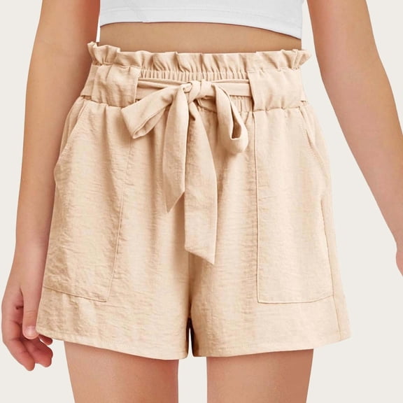 Babcutegg Girls High Waisted Shorts, Casual Loose Fit Tie Waist Shorts, Wide Leg Summer Shorts for Girls Ages 5-14 Beige Size 10