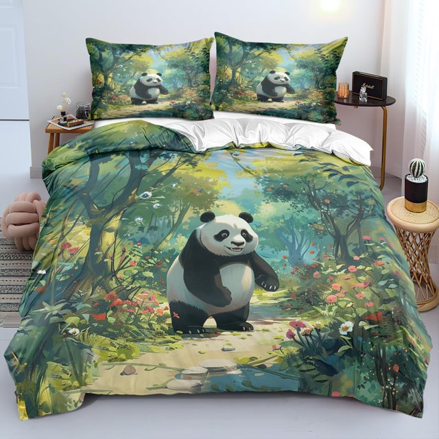 Panda Funda Nórdica Tamaño Completo Flores Juego de Cama Osos Floral Juegos de Cama Blanco y