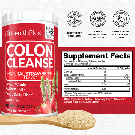 Health Plus Colon Cleanse Digestive Support | No Artificial Flavors | Daily Fiber for Toxin Elimination To Reduce Bloating | Psyllium Husk | Strawberry Flavor | 9 Ounces, 36 Servings