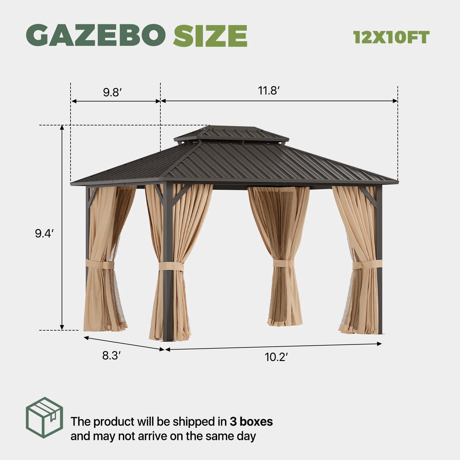 BaPiPro 12'x10' Hardtop Gazebo, Heavy Duty Galvanized Steel Double Roof, Permanent Outdoor Pavilion Metal Gazebo with Netting and Curtains, for Patio, Garden, Brown