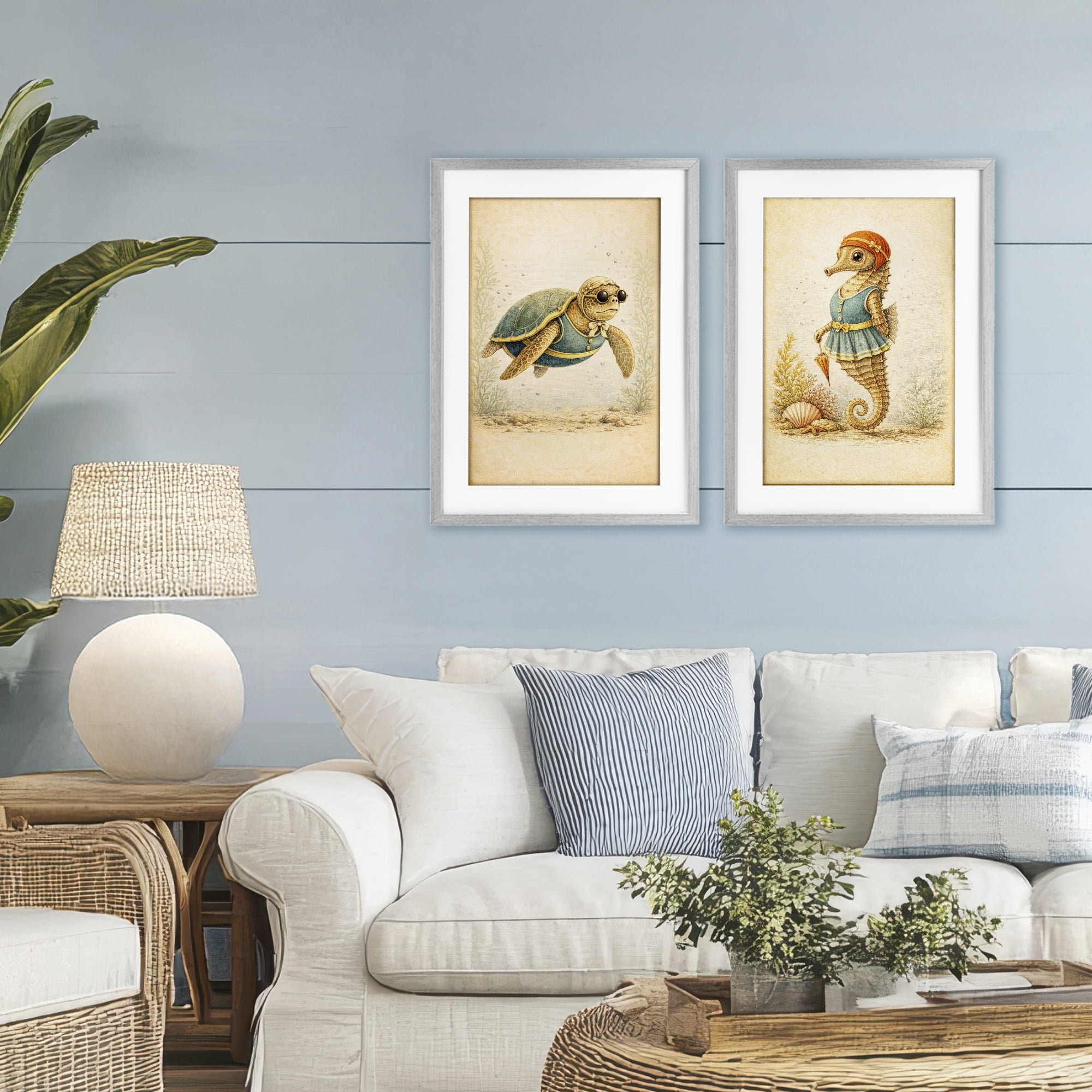 Stupell Industries Vintage Maritime Bathing Animals 2 Piece Gray Framed Print Under Glass Set, design by Grotto Studios