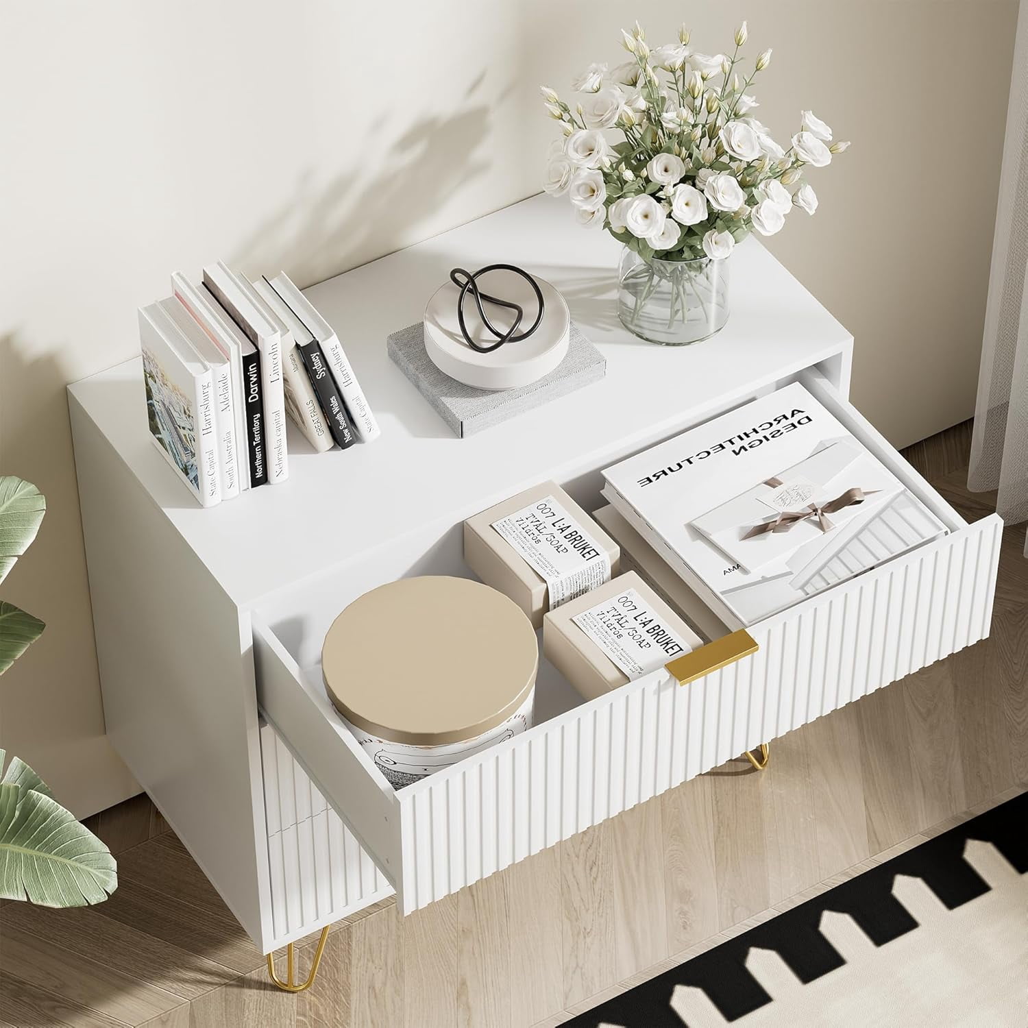 FURNIWAY White 3 Drawer Dresser for Bedroom, Modern Closet Dressers Chest of Drawers, Fluted Dresser Chest Cabinet with Gold Metal Handles, Nightstand for Bedroom, Living Room, Hallway, Entryway