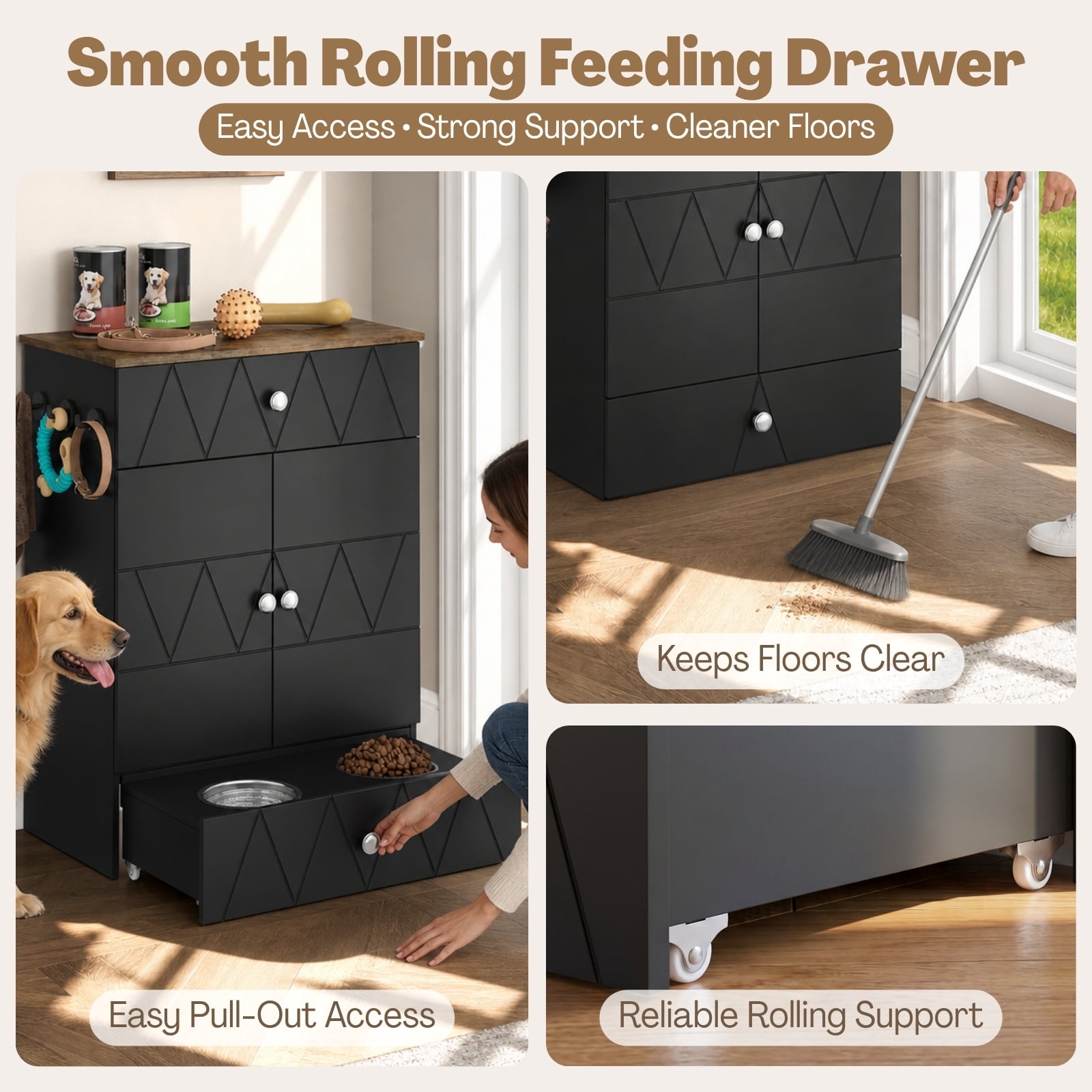 Advwin Pet Feeding Station Furniture with 2 Elevated Dog Bowls, Dog Food Storage Cabinet with Drawer, Adjustable Shelves & Hooks, Black