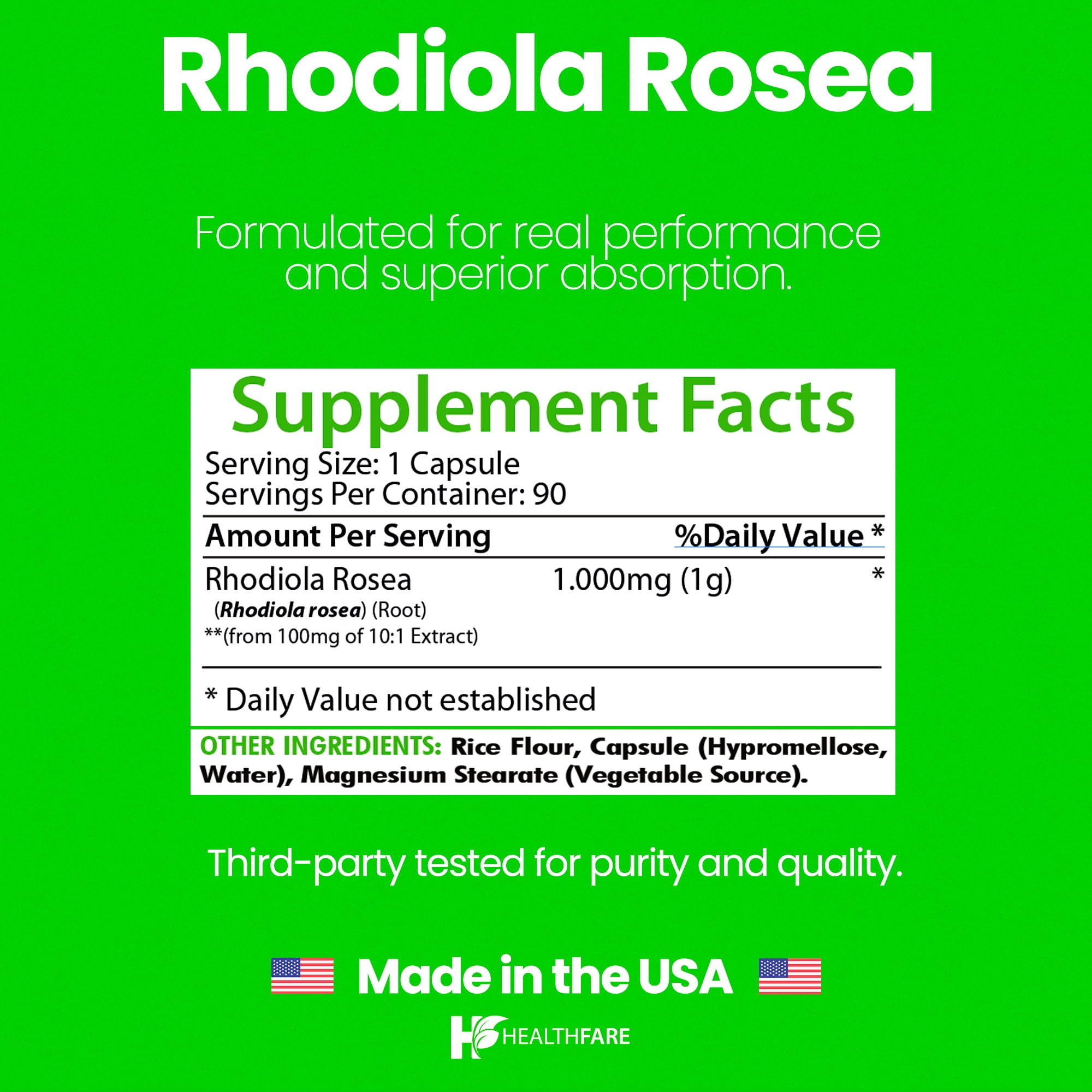 HealthFare Rhodiola Rosea 1000mg | Energy, Stress & Focus Support | 90 Vegan Capsules | Non-GMO, Gluten-Free | Made in USA