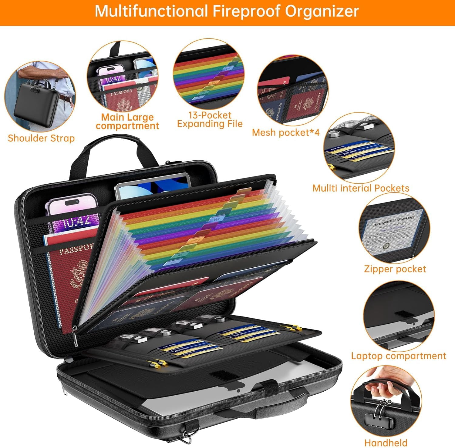 Fireproof File Organizer with Lock, Water Resistant Hard-Shell Case with 13 Pocket Accordion File Folder, Portable Document Organizer for Letter A4 Files Laptop Passports