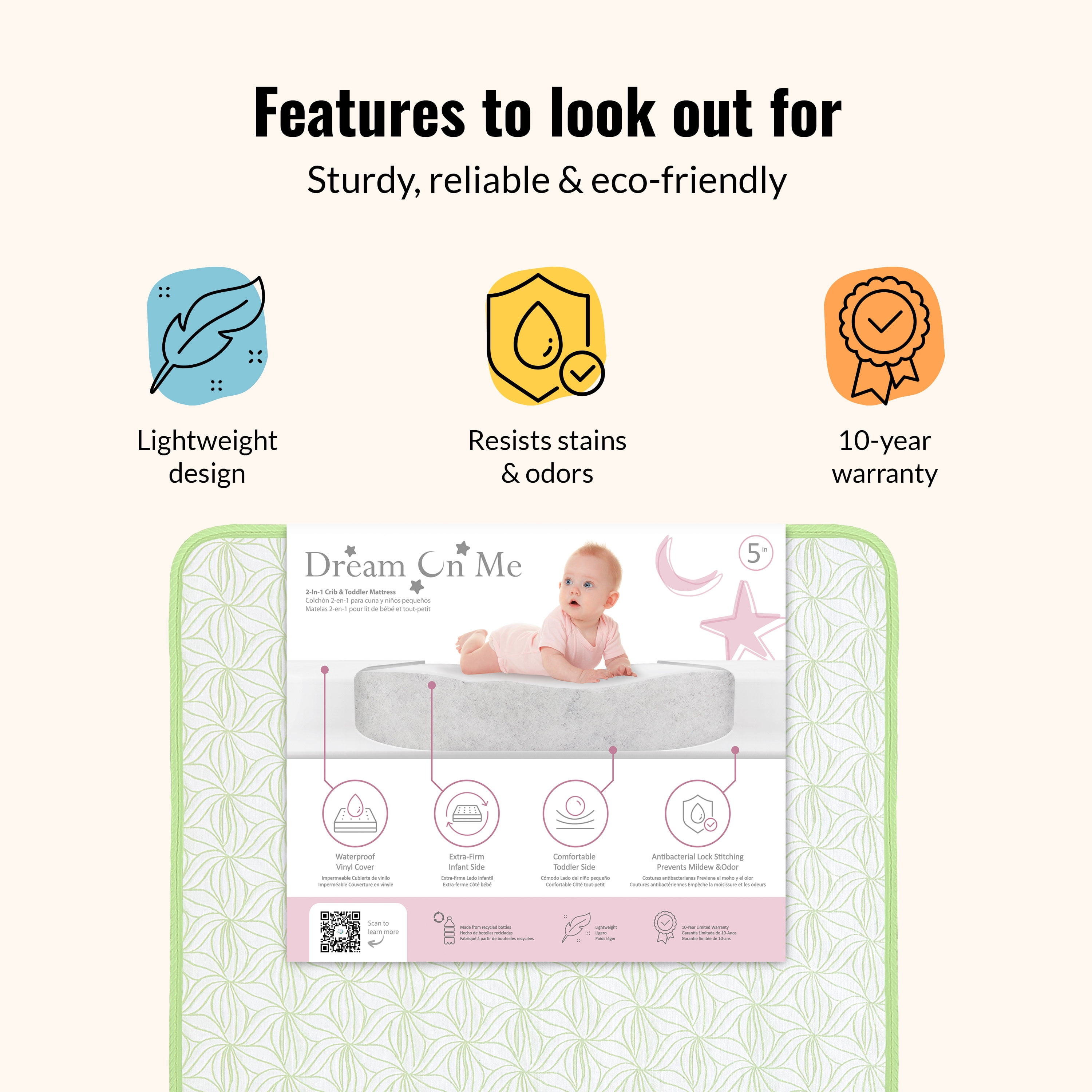 Dream On Me Meadow Firm Fiber Crib and Toddler Mattress, Green
