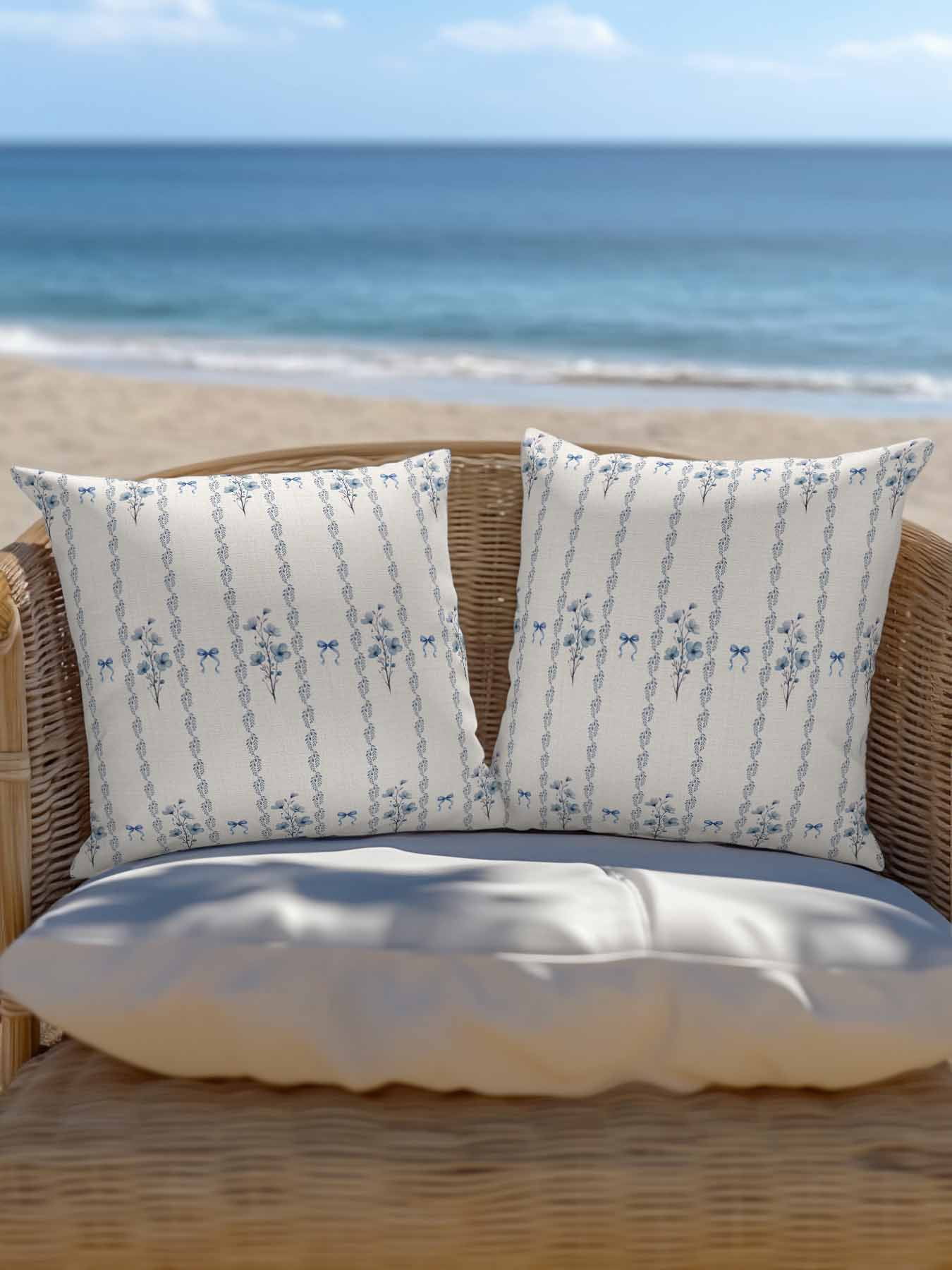 1 Pack Outdoor Throw Pillow, Spring Floral Waterproof Pillow with Insert Included, Watercolor Flowers Bows Bohemia Beige Decorative Accent Cushion Sofa Pillows for Patio Porch, 16 x 16 In