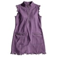 thumbnail image 6 of AHTJRT Denim Mini Dress for Women Quarter Zip Lapel Collar Loose Fit Sleeveless Overalls Fashion Ripped Edge Summer Shorts Jumpsuit with Zipper Pockets Purple M, 6 of 8