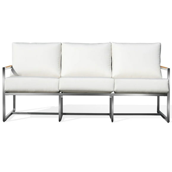 Canapé d'Extérieur Moderne en Acier Inoxydable avec Cadre en Aluminium, Canapé 3 Places avec Coussins Amovibles pour Jardin et Cour, Canapé d'Extérieur, Blanc, Poignée en Bois d'Acacia à Raccords