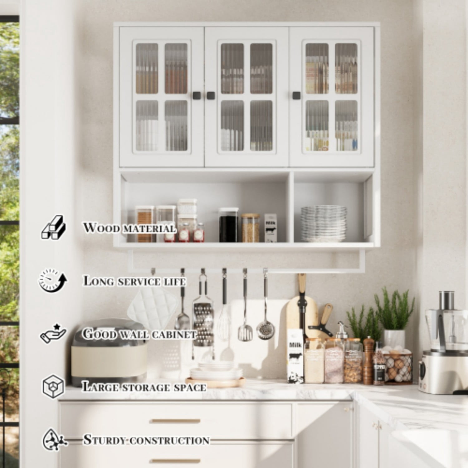 Bathroom Wall Cabinet 3 Door Storage Cabinet with Tempered Glass Doors, Open Shelf and Towel Bar, Wall Mounted Medicine Cabinet for Bathroom Entryway Living Room Dining Room, White