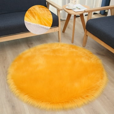 Soft Round Fur Area Rug 2.3x2.3ft Modern Decor Gold Yellow Shaggy Fluffy Rugs Plush Circle Floor Mats for Bedroom Living Room