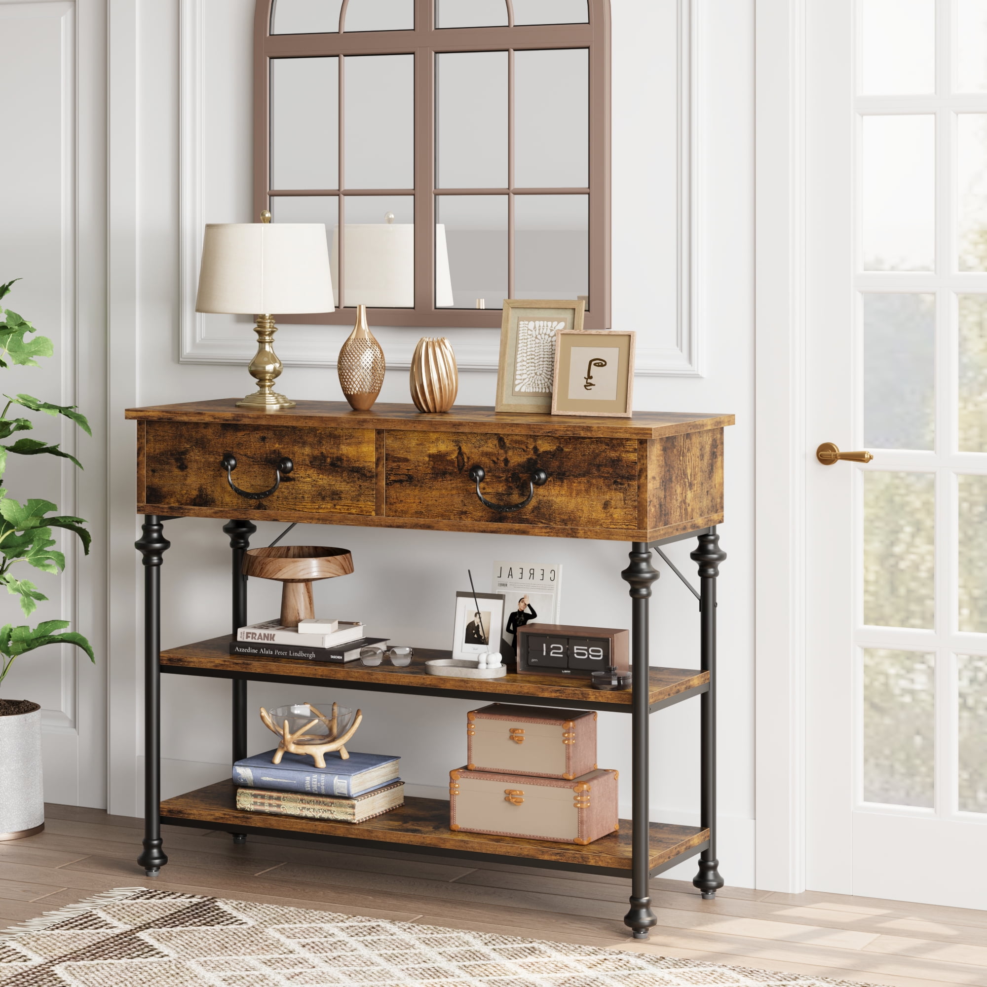 Roman Column Entryway Table, 39'' Farmhouse Sofa Table with 2 Drawers and Storage Shelves, Narrow Console Table for Living Room, Hallway, Foyer, Retro Brown