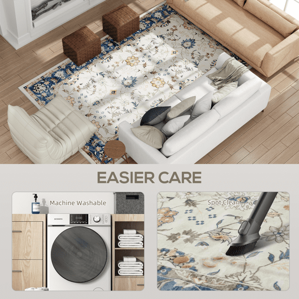 Blue Bohemian Floral Vine Area Rug 120"x96" Flannel Soft Non-Slip TPR Backing Machine Washable Rug for Living Room Bedroom