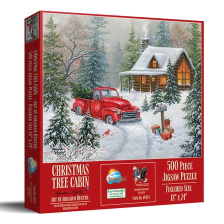 SunsOut Christmas Tree Cabin 500 Piece Jigsaw Puzzle for Adults - Finished Size: 18" x 24" by Artist: Abraham Hunter