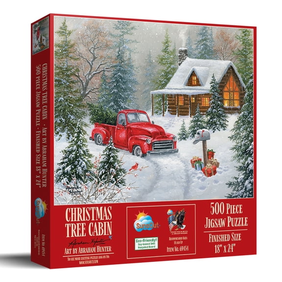 SunsOut Christmas Tree Cabin 500 Piece Jigsaw Puzzle for Adults - Finished Size: 18" x 24" by Artist: Abraham Hunter
