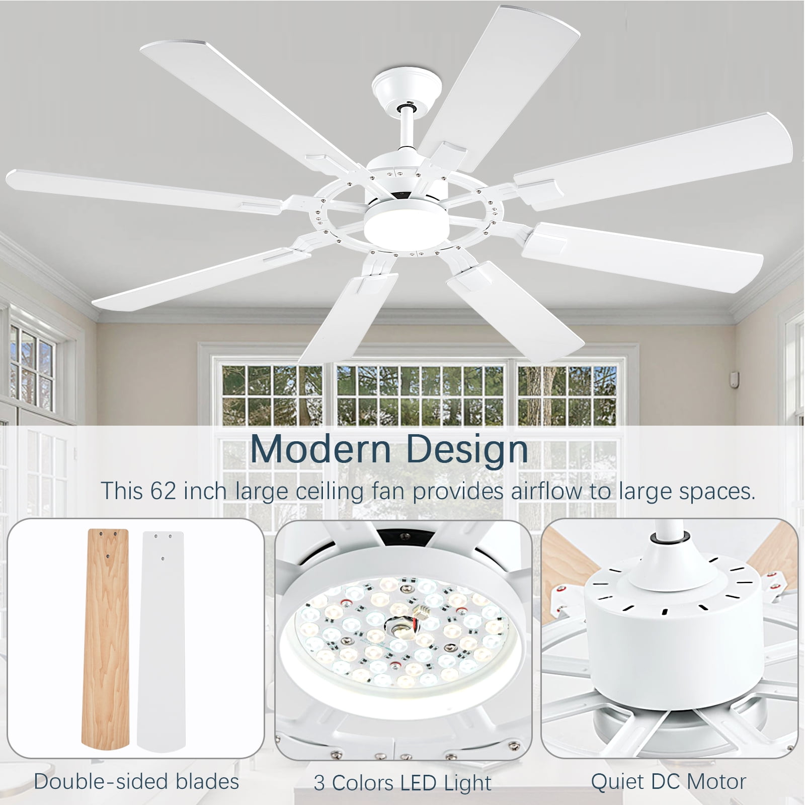 62 Inch Ceiling Fans with Lights, Large Low Profile Ceiling Fan with Remote Control, 8 Double Sided Blades， 6 Speed Reversible DC Motor, Silent Timing, White Indoor & Outdoor Ceiling Fan