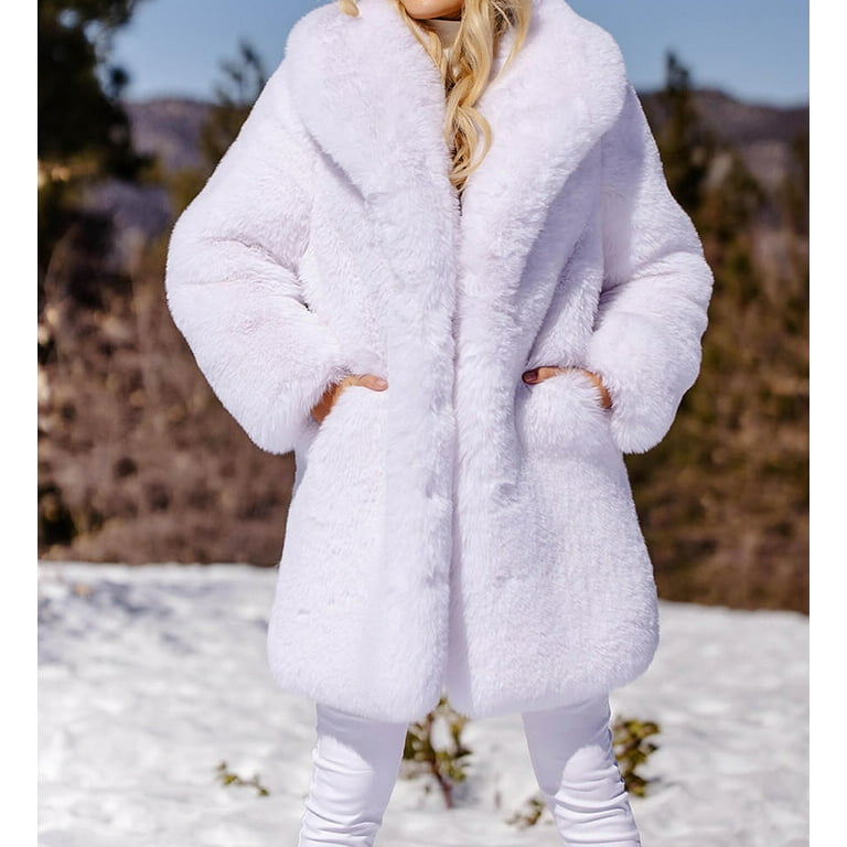 DJBM Women Winter Fluffy Faux Fur Coat with Side Pockets Warm Charming Overcoat White 4XL Walmart
