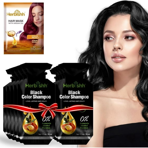 Herbishh Black PPD-Free Hair Color Shampoo Travel Pouch for Gray Hair, Hair Dye Shampoo 3 in 1, 100% Gray Coverage, Permanent Hair Color for Men & Women, Ammonia-free(30ml*10)