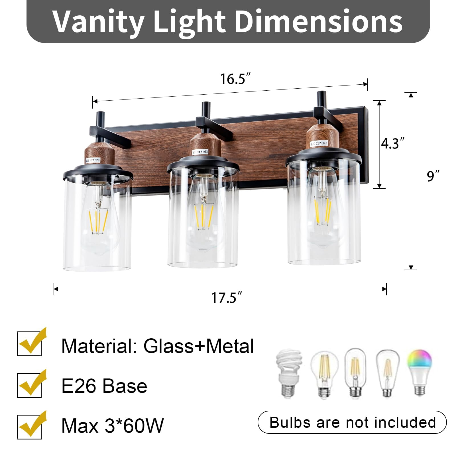 3-light Farmhouse Bathroom Light Fixtures Vintage Vanity Lights Over Mirror Black And Wood Painted Metal With Glass Shades E26 Socket