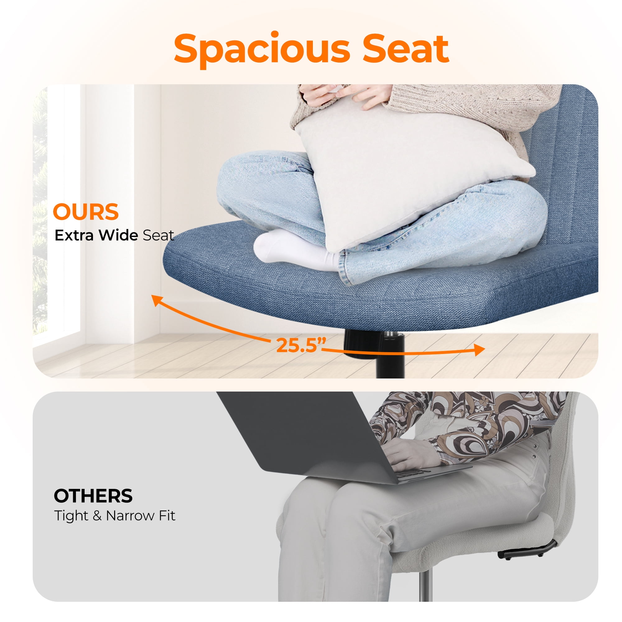 Orange Factory Criss Cross Chair No Wheel Wide Cross Legged Office Desk Vanity Chair Comfy Fabric Armless Adjustable Swivel for Home Computer Task (Blue No Wheel, Classic Fabric)