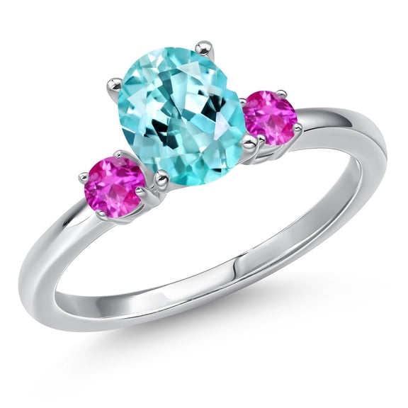 Gem Stone King 14K White Gold Blue Apatite and Pink Sapphire Engagement Ring for Women | 1.47 Cttw | Oval 8X6MM | Gemstone Birthstone | Size 5
