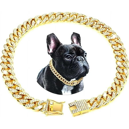Wellsay Dog Chain Collar Diamond Cuban Link Dog Collar 1m Wide Dog Necklace Metal Chain Pet Crystal Collar Jewelry Accessories for Puppy Small Medium Large Dogs s (Gold  12 inch)