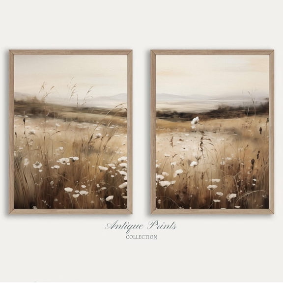 UNFFRAMED Neutral Wildflower, Country Set Posters, Landscape 2 Pieces Vintage Wall Art, Rustic Farmhouse Decor Set 2 Prints 8x12
