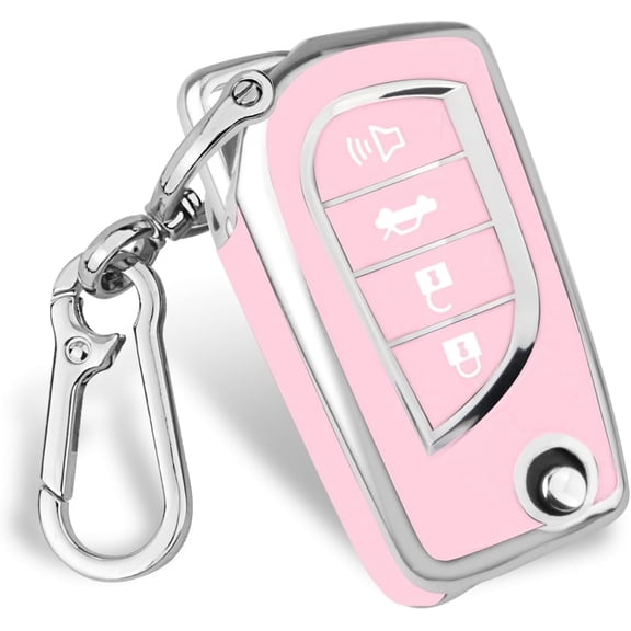 Car Key Cover for Toyota, Soft TPU Key Fob Cover Compatible with Rav4 Camry Fortuner Tundra Corolla C-HR Highlander, fit for 4 Buttons Foldable Car Key (Silver-Pink)