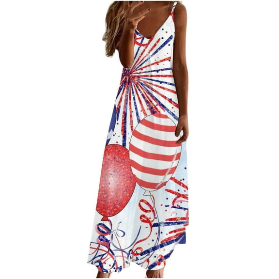 Wycnly Formal Dresses for Women 4th of July Loose High Waist Spaghetti Strap Independece Day Long Dresses V-Neck Sleeveless Star American Flag Print 2025 Summer Maxi Dress White XXL