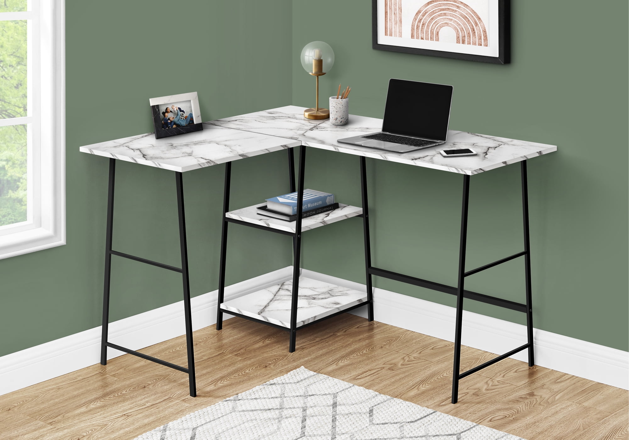 48 Inch White Marble L Shaped Computer Desk with Industrial Metal Shelves