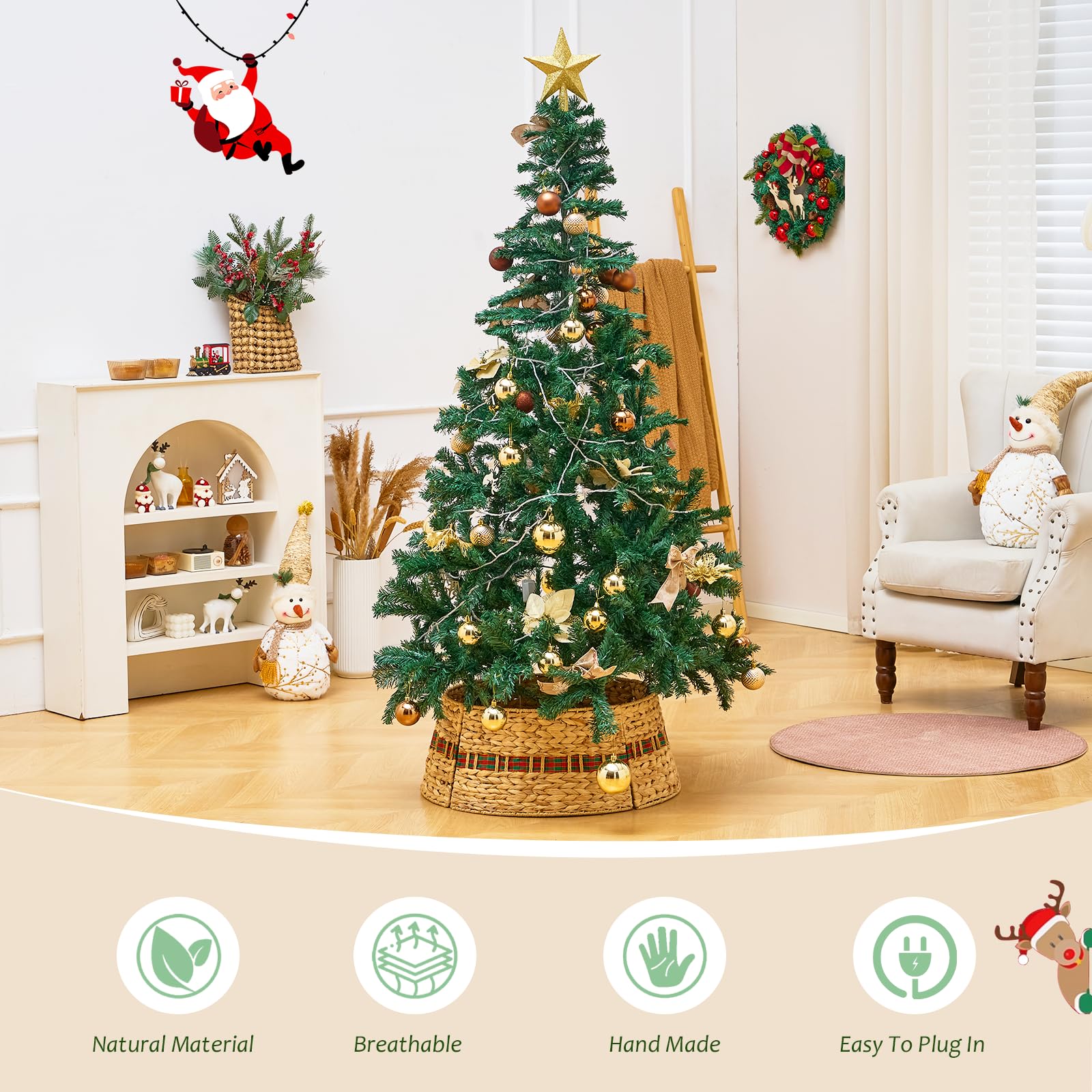 Hand-Woven Natural Water Hyacinth Christmas Tree Collar - Cord Cutout Design, Rustic Eco-Friendly Holiday Decoration for Home