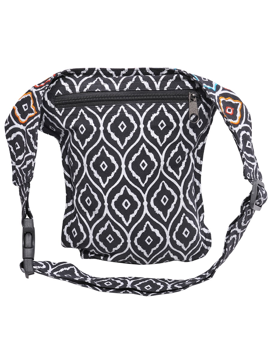 The Collection Royal Fanny Pack Crossbody Bags for Women| Cotton Canvas Boho Hippie Festival Colorful Belt Bag for Women (Black T)