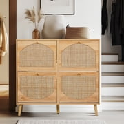Ktaxon Rattan Shoe Cabinet with 4 Flip Drawers 24 Pairs,Narrow Shoe Storage Cabinet for Entryway, Bedroom, Living Room, Apartment, Natural