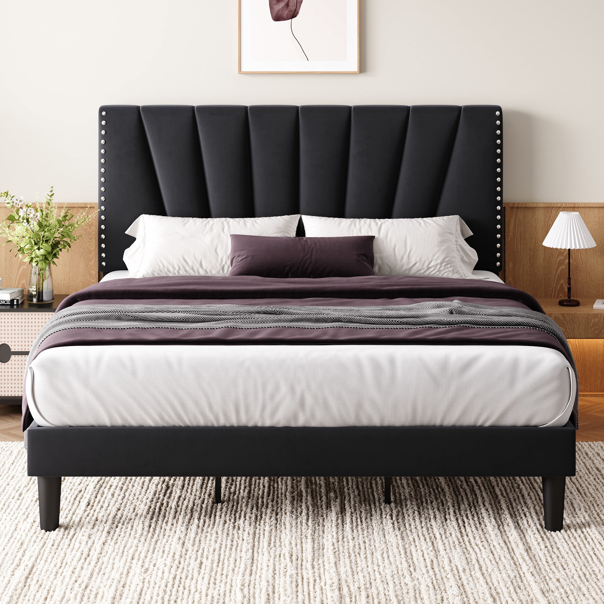 Einfach King Size Premium Velvet Upholstered Platform Bed Frame with Adjustable Headboard,Under-Bed Storage,Heavy-Duty Metal Support, Noise-Free Slats, Black
