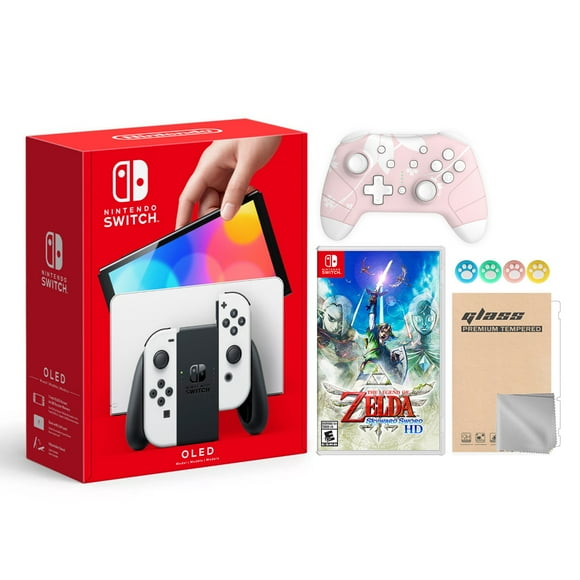 2021 New Nintendo Switch OLED Model White Joy Con 64GB Console Improved HD Screen & LAN-Port Dock with The Legend of Zelda: Skyward Sword HD And Mytrix Wireless Switch Pro Controller and Accessories