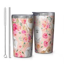 Pomeranian Dogs and Flowers 10oz Tumblers Stainless Steel Tumbler with Lid and Straw,Vacuum Insulated Double Wall Travel Tumbler Cups with Cleaning Brush for Coffee, Tea