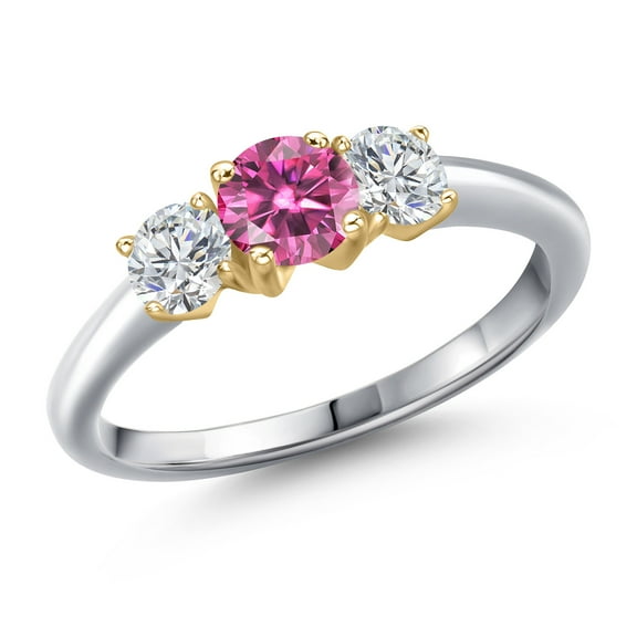 Gem Stone King 925 Silver and 10K Yellow Gold Pink Moissanite and Lab Grown Diamond Engagement Ring for Women | 1.04 Cttw | Round 5MM | Gemstone Birthstone | Size 9