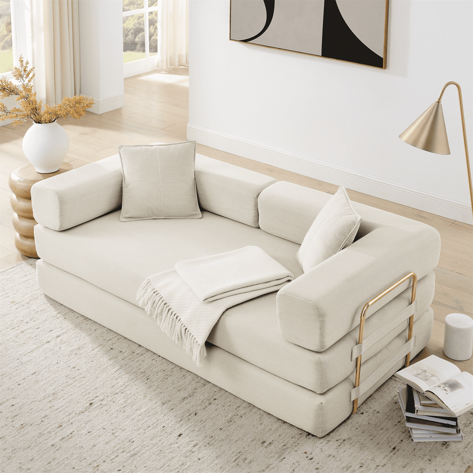 Lunale Boneless Cloud Couch, Convertible Floor Sofa Bed, Queen Size Pull Out Sleeper Sofa, No Assembly Required, Beige Corduroy