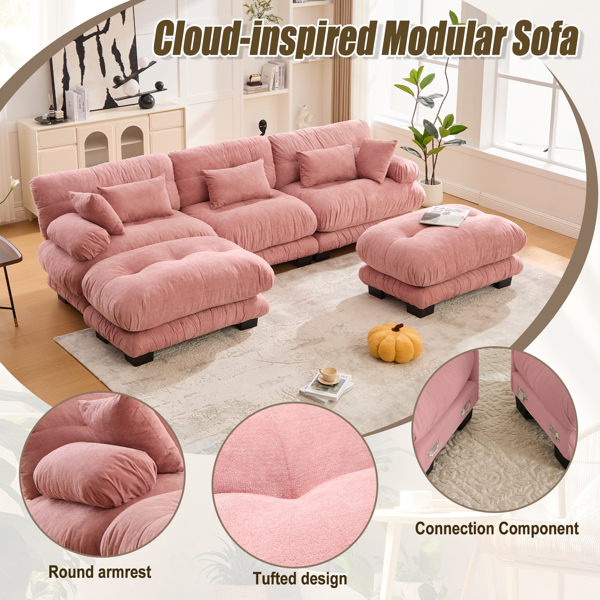 MOONMISS Velvet Upholstered Oversized U-shaped Tufted Free Combined Sectional Sofa with Bolster Armrest Pillows-Pink