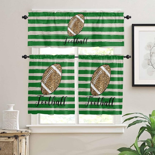 Leopard Football Rugby Sport 3 PCS Kitchen Curtain Valance and Tiers Set, Rod Pocket Small Half Tier Valances Window Curtains Panel, Green Geometric Stripe 55"x24" (Set of 2 Tiers & Valance)