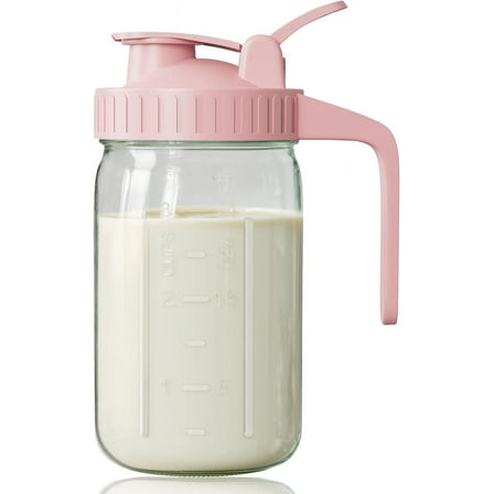 Breast Milk Pitcher 32oz Mason Jar with Wide Mouth and Handle-Pink Glass Pitcher with Flip Cap Lid and Pour Spout Airtight Seal for Cold Beverages