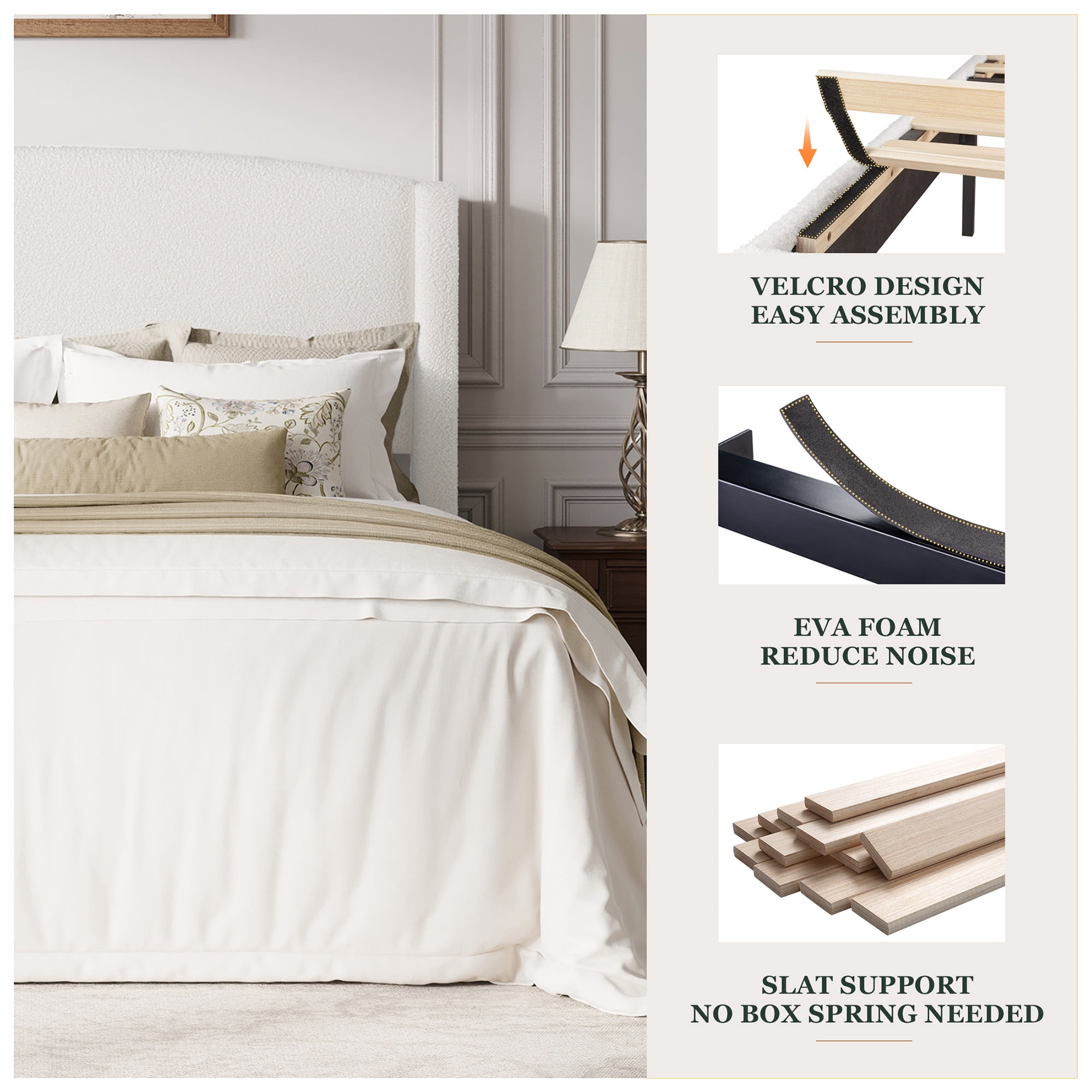 Amolife Queen Bed Frame, Platform Upholstered Bed with Soft Teddy Fabric Curved Headboard, White