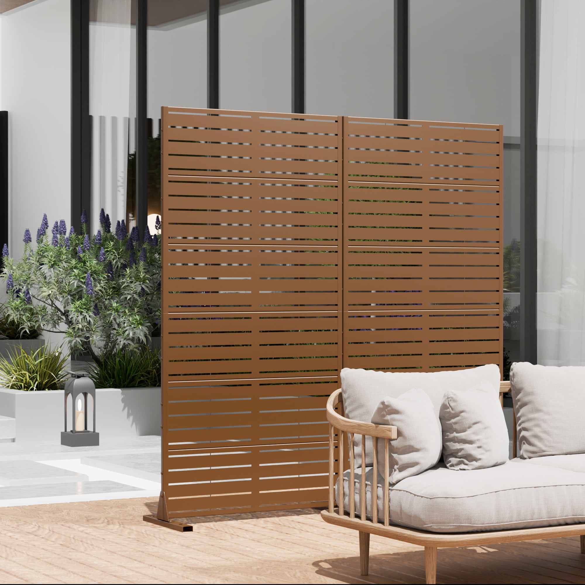 MAYEERTY 72×35" Outdoor Brown Metal Privacy Panel Screen for Backyard & Garden, Louvered Pattern