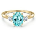 thumbnail image 3 of Gem Stone King 10K Yellow Gold Blue Apatite and White Moissanite 3-Stone Ring for Women | 1.40 Cttw | Oval 8X6MM | Gemstone Birthstone | Size 8, 3 of 6