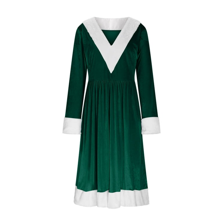 Turilly Women's Cocktail Dresses Faux Fur Collar Velvet Dress Christmas Party Dresses V-Neck Long Sleeve Midi Dress, Size: Large